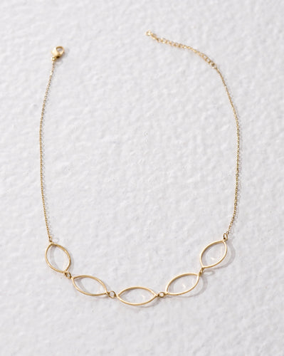 Ethical fashion jewellery. Short golden brass necklace with hollow geometric shapes. Made in India.