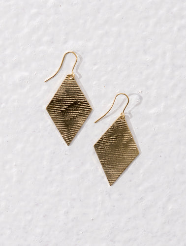 Diamond shaped ethical jewellery drop earrings made of brass with rough textured effect.