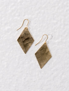 Diamond shaped ethical jewellery drop earrings made of brass with rough textured effect.