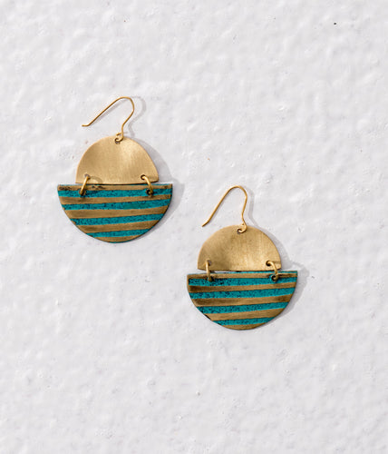 Geometric golden brass earrings with a blue patina finish in the form of stripes. Ethically made. 