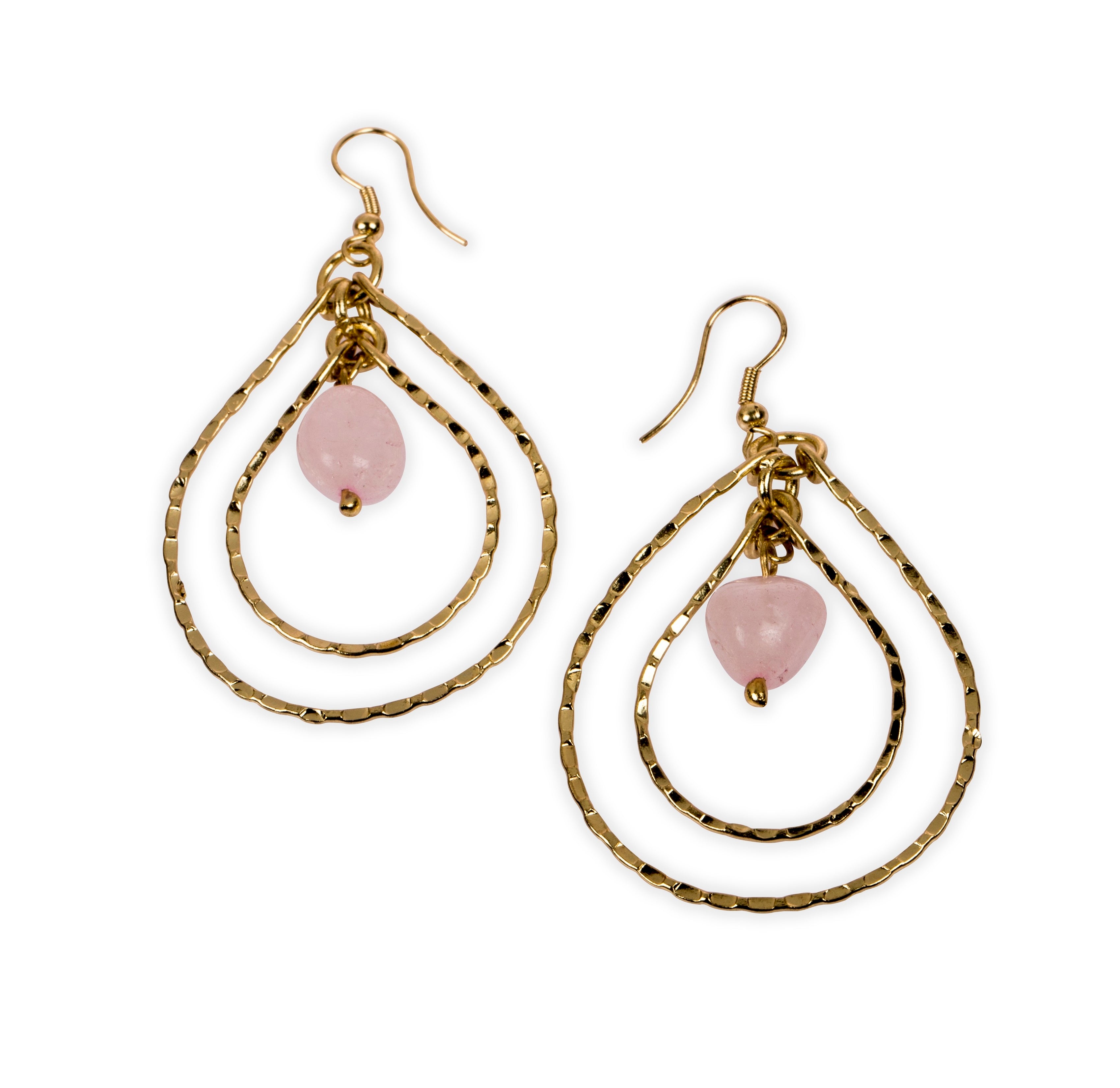 Earrings with pink stone enveloped by concentric golden tear drops. Ethical sustainable JEWELLERY. 