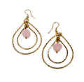 Earrings with pink stone enveloped by concentric golden tear drops. Ethical sustainable JEWELLERY. 